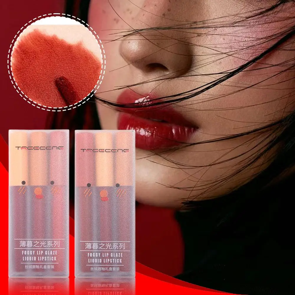 3 ชิ้น Matte Velvet Lip Gloss Long-Lasting Moisturizing Tint ลิปสติก Fruity Juicy Moist และ Vivid Coloring