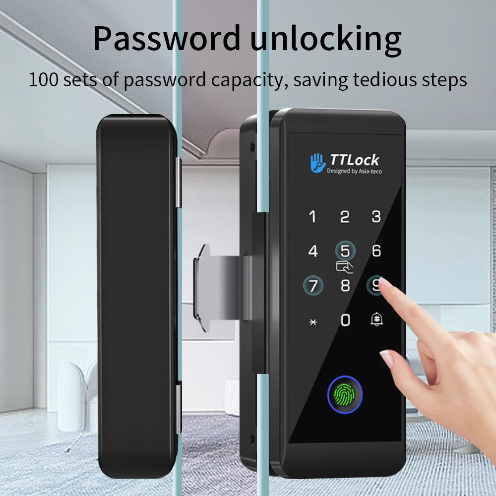 TTLCOK cerradura de puerta de vidrio de fácil instalación, cerradura de puerta de oficina inteligente con reconocimiento de huellas dactilares y contraseña de desbloqueo RFID de 13,56 mhz