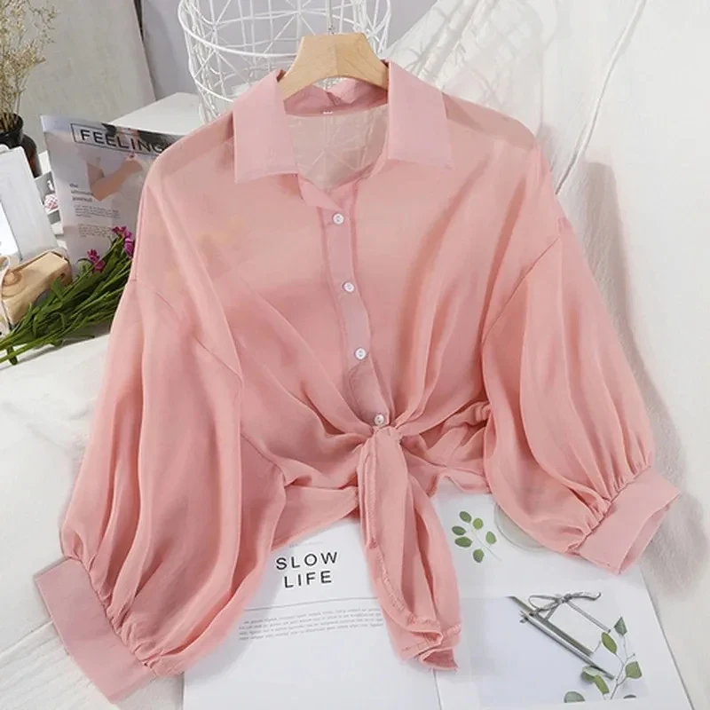 Elegant Solid Color Tied Waist Blouse Casual Loose Hollow Solid Clothes Women Summer Bat Half Sleeve Button Chiffon Shirt 9776