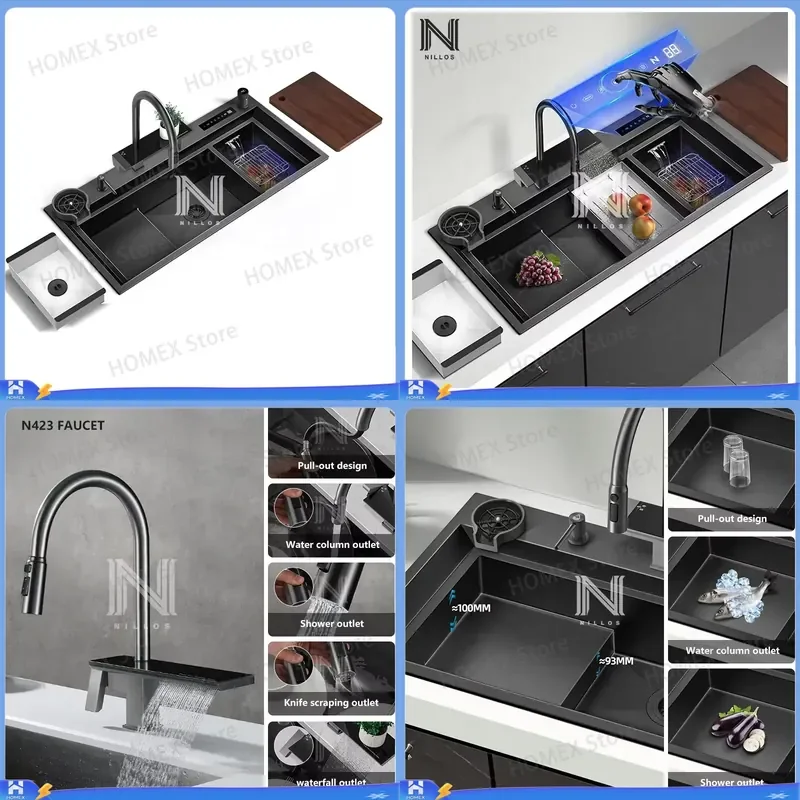 Black Nano Kitchen Sink Double Bowl Waterfall Stepped Design Multifunctional Undermount Stainless Steel Basin with Fruit