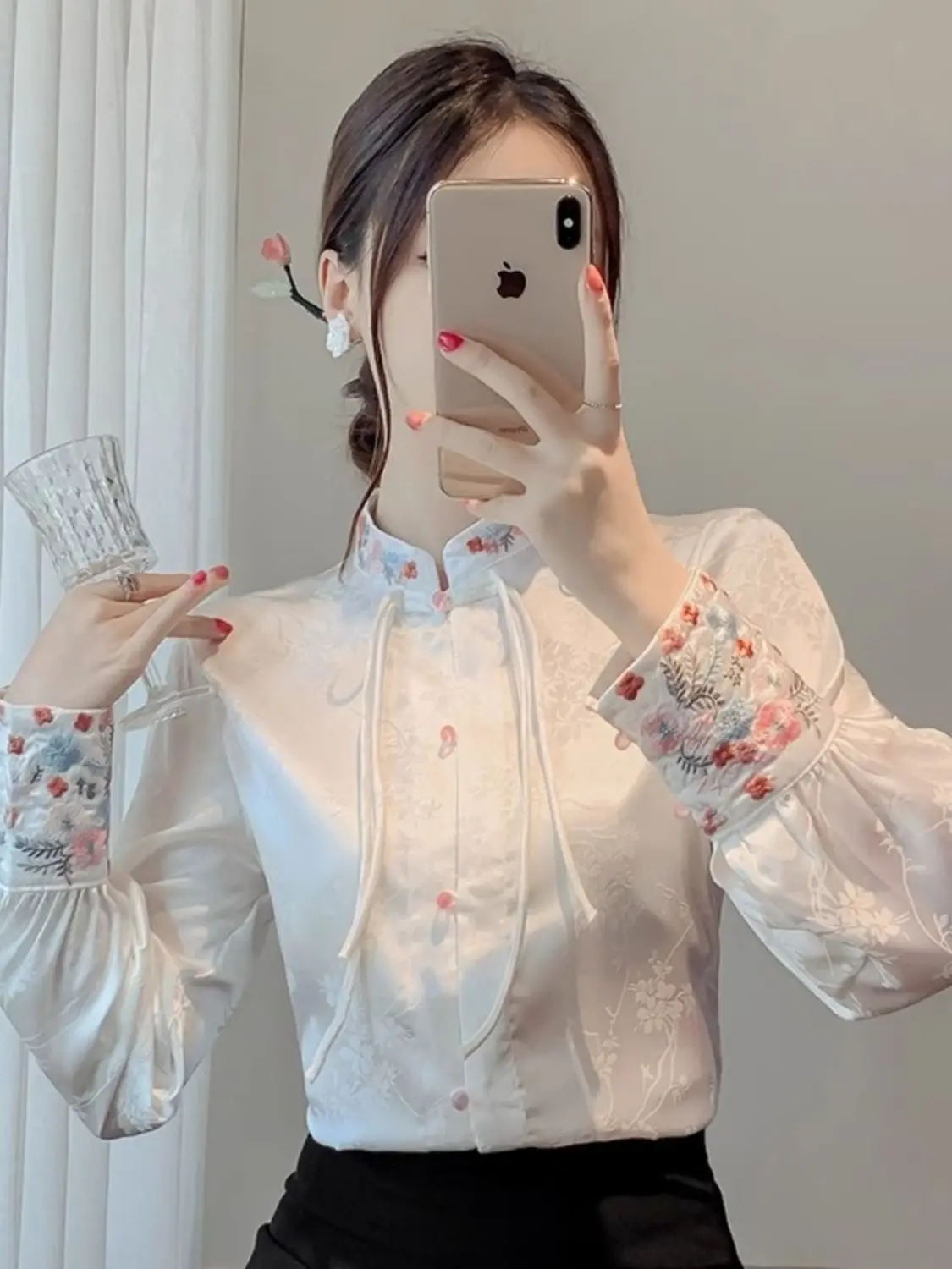 

Ретро-рубашка с воротником на пуговицах и длинными рукавами для женщин, вышитая, в традиционном китайском стиле, весна-осень, новинка