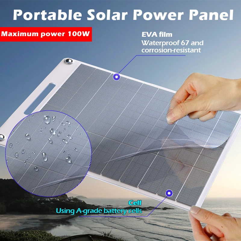 100W Portable Solar Panel With Two USB Suitable For Mobile Phone Charging Outdoor Camping Power Bank Supply Consumer Electronics