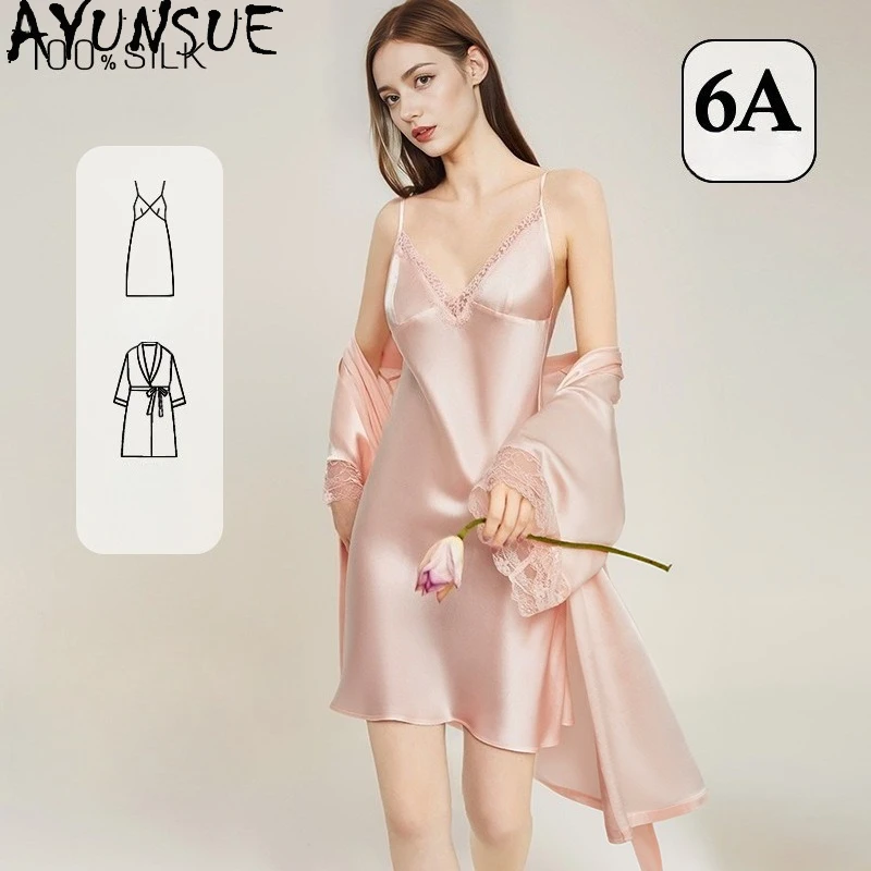 

AYUNSUE 100% Real Mulberry Silk Robe & Gown Sets Women Spring Summer Pajama 16mm Silk Sexy Sleepwear Women's Home Clothes 파자마