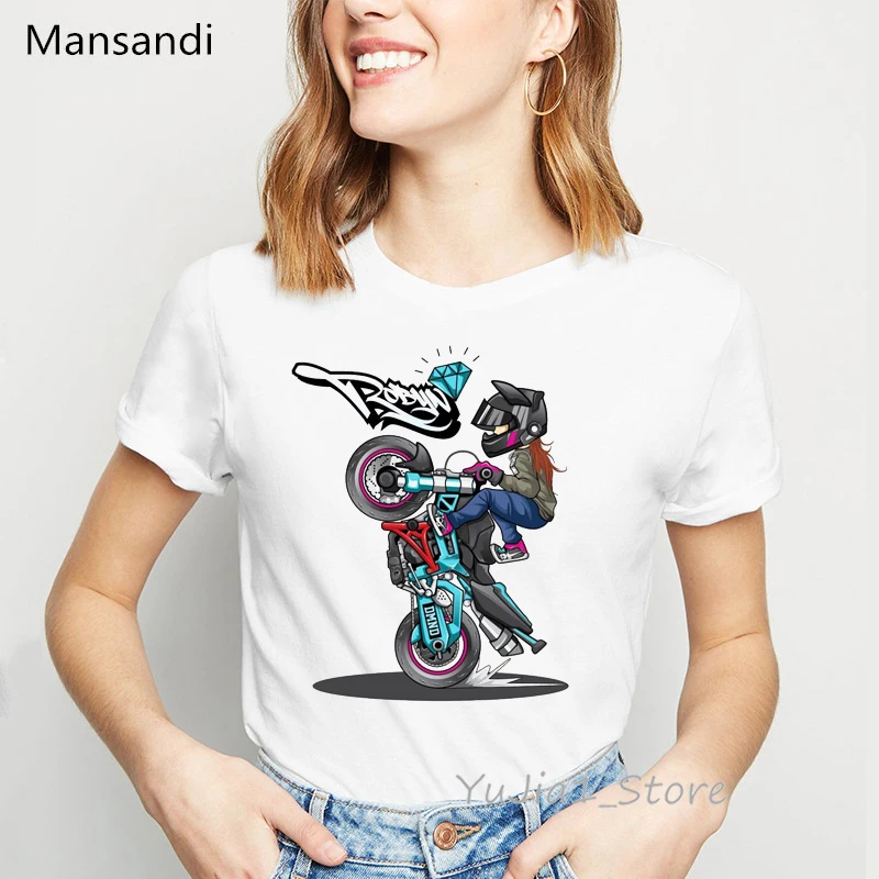 Ubrania dla kobiet 2024 fajna kaskaderska dziewczyna jeździ Motocycle Cartoon Tee Shirt Femme letni Top kobiet Hip Hop T-Shirt punkowy T-Shirt