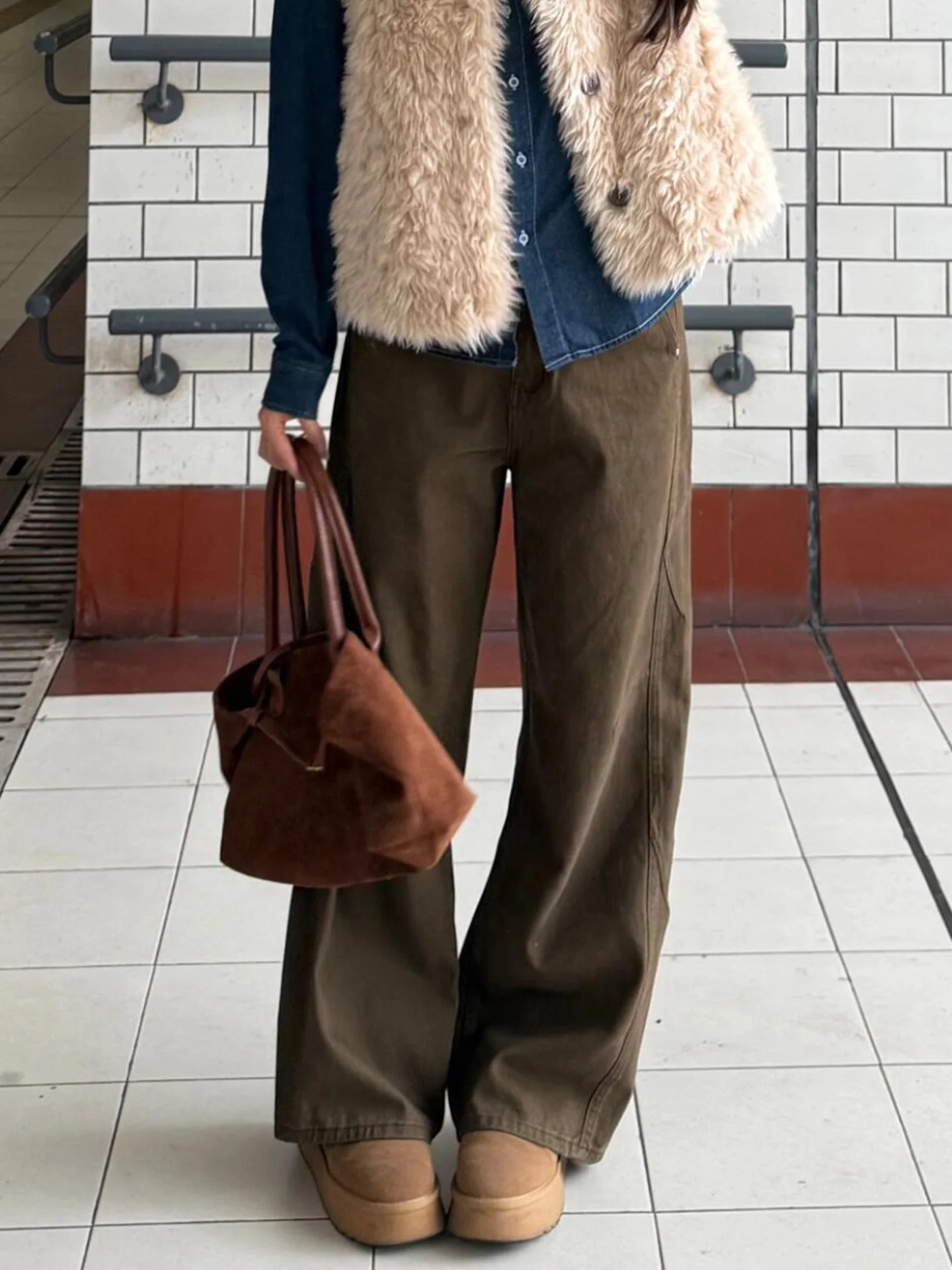 

Винтажные джинсы-карго из коричневого денима для женщин, осенне-зимние, свободные, с широкими штанинами, с высокой талией, в американском стиле