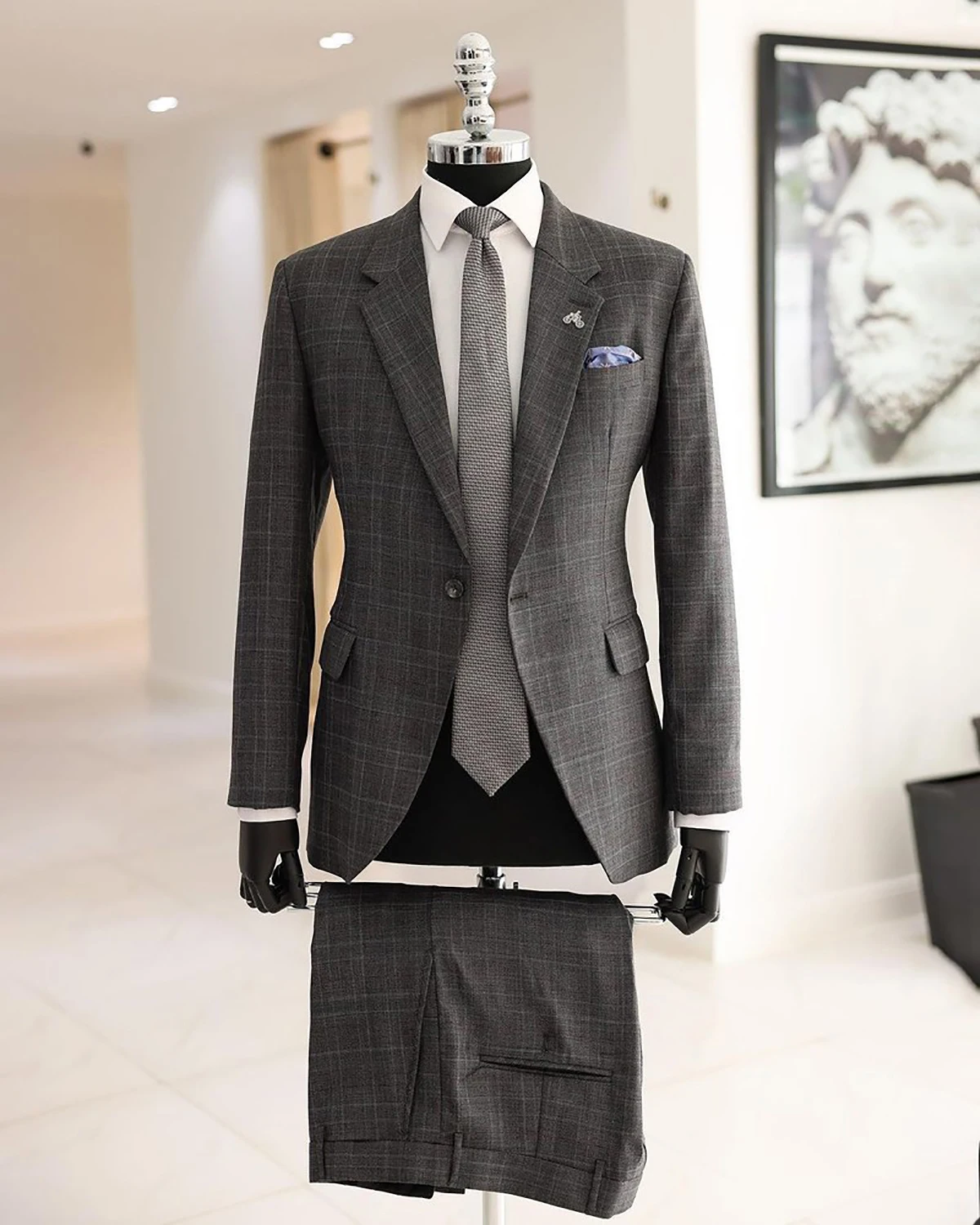 Custom Size Heren Suits Grey Plaid Streep Groomsmen Sets Bruidegom Gekerfde Revers 2 Stuks (Blazer Broek) High-End