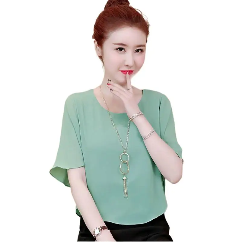 

Women Chiffon Loose Blouse Shirt Summer Half Sleeve Solid Tops office lady Elegant Blouses 10 Colors