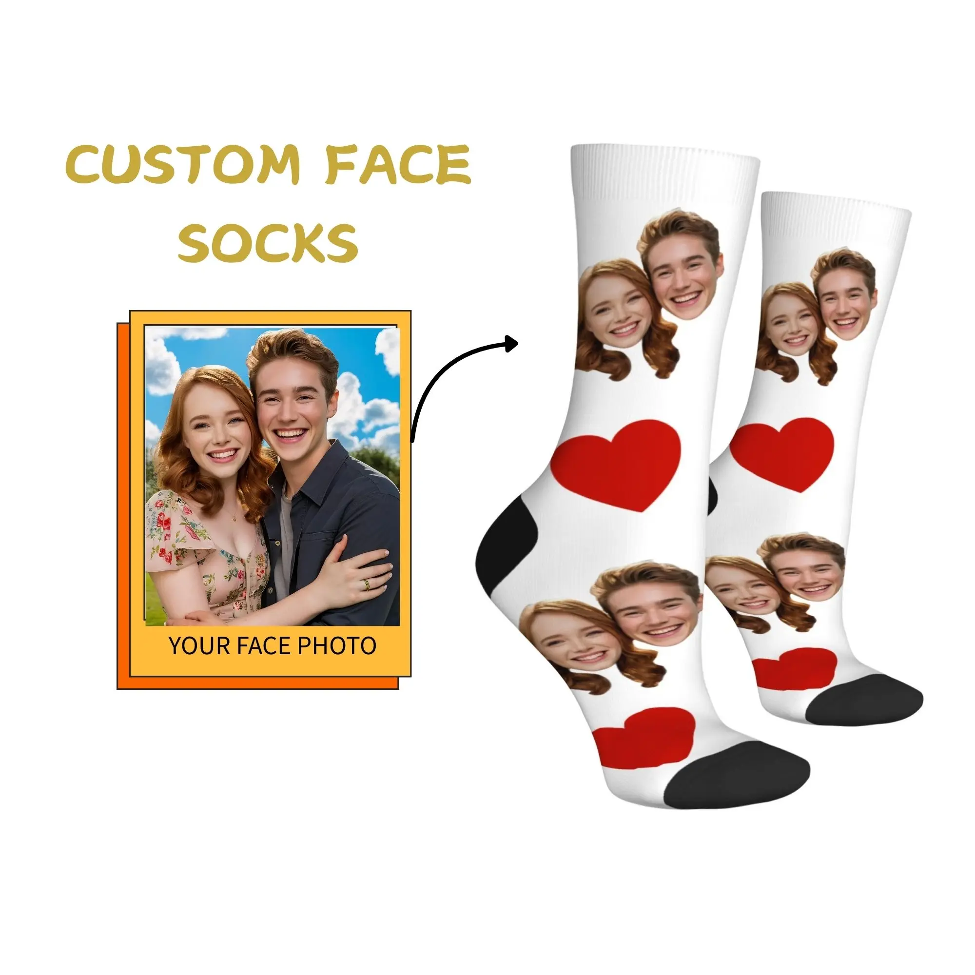 

Custom Lover Photograph Face & Red Hearts Pattern Print Socks White Crew Socks Personalized Romantic Couple Fashion Statement