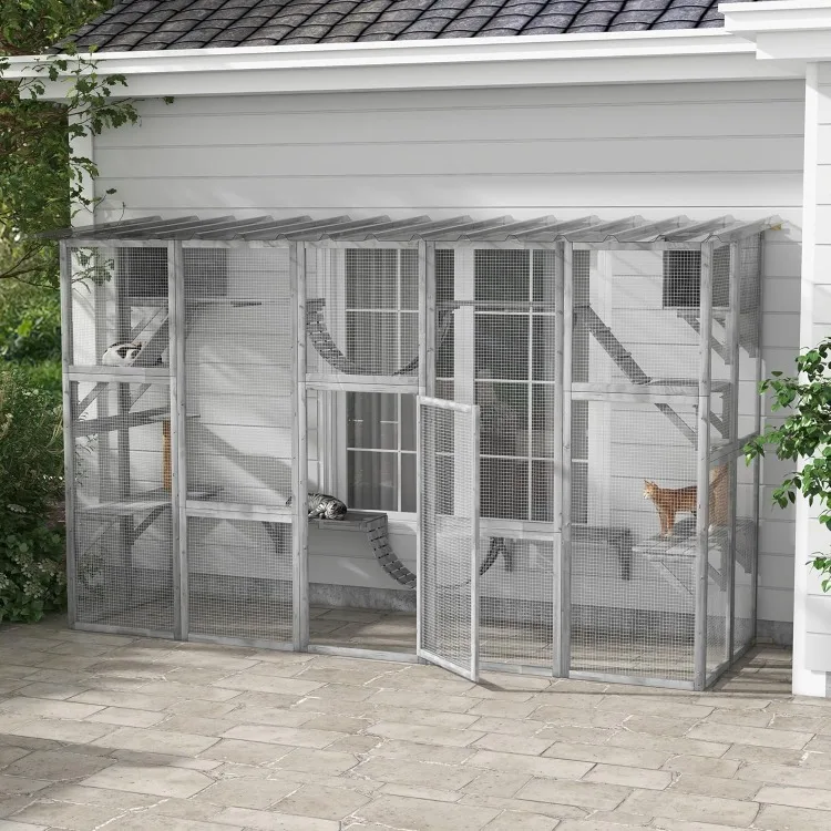 Catio Playground Cat Window Box Outside Enclosure, Outdoor Cat House with Weather Protection Roof for Multiple Kitties