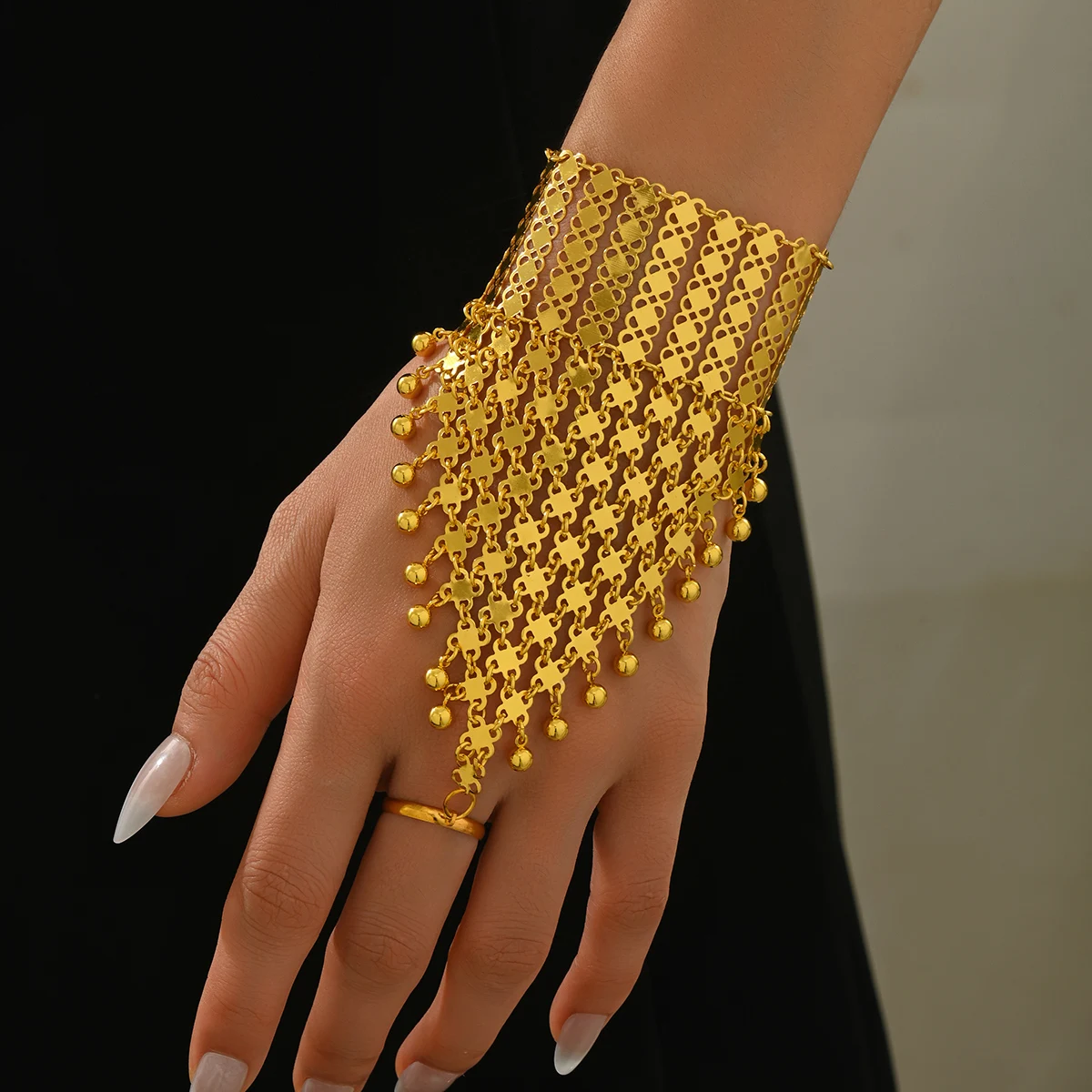 Vintage Ethnic Gold-Plated Metal Bracelet, Middle Eastern Exotic Style With Central Ring For Stage Dancer Finger Hand Accessory image 6