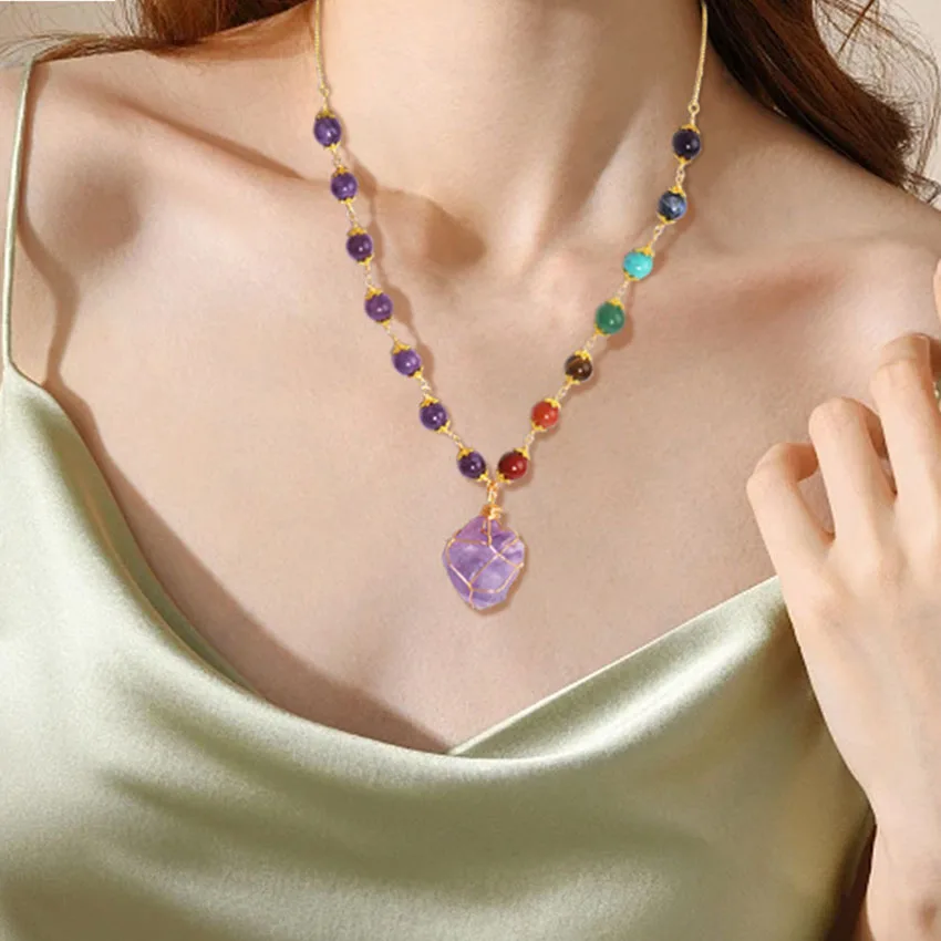 Irregular Crystal Stone Pendant Necklace For Women Natural Amethyst Quartz Aquamarine 7 Chakra Beads Chain Necklace Jewelry