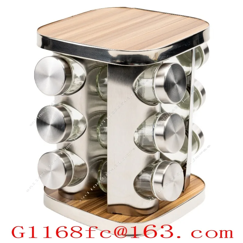 Rotating Seasoning Bottle Black Square Head Round Head Stainless Steel 8 Glass Jar Set Storage Rack