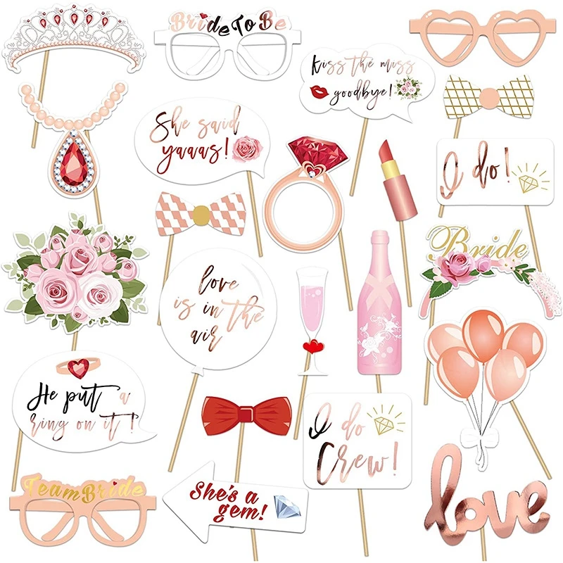 

23Pcs Hen Party Photo Booth Props Team Bride Selfie Props Rose Gold Wedding Bridal Shower Hen Night Do Party Game Accessories