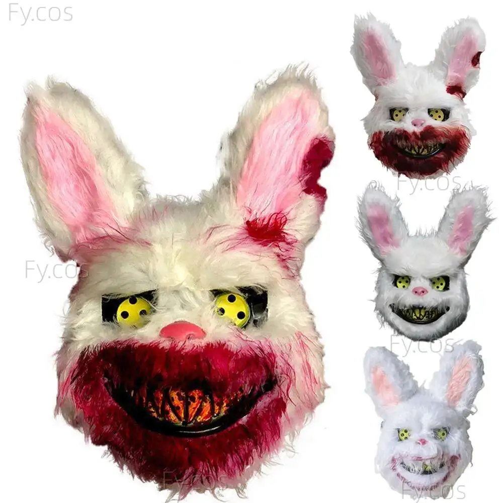 

Creepy Teddy Bear Rabbit Bloody Mask Masquerade Horror Animal Half Face Performance Prop Halloween Cosplay Costume for Woman