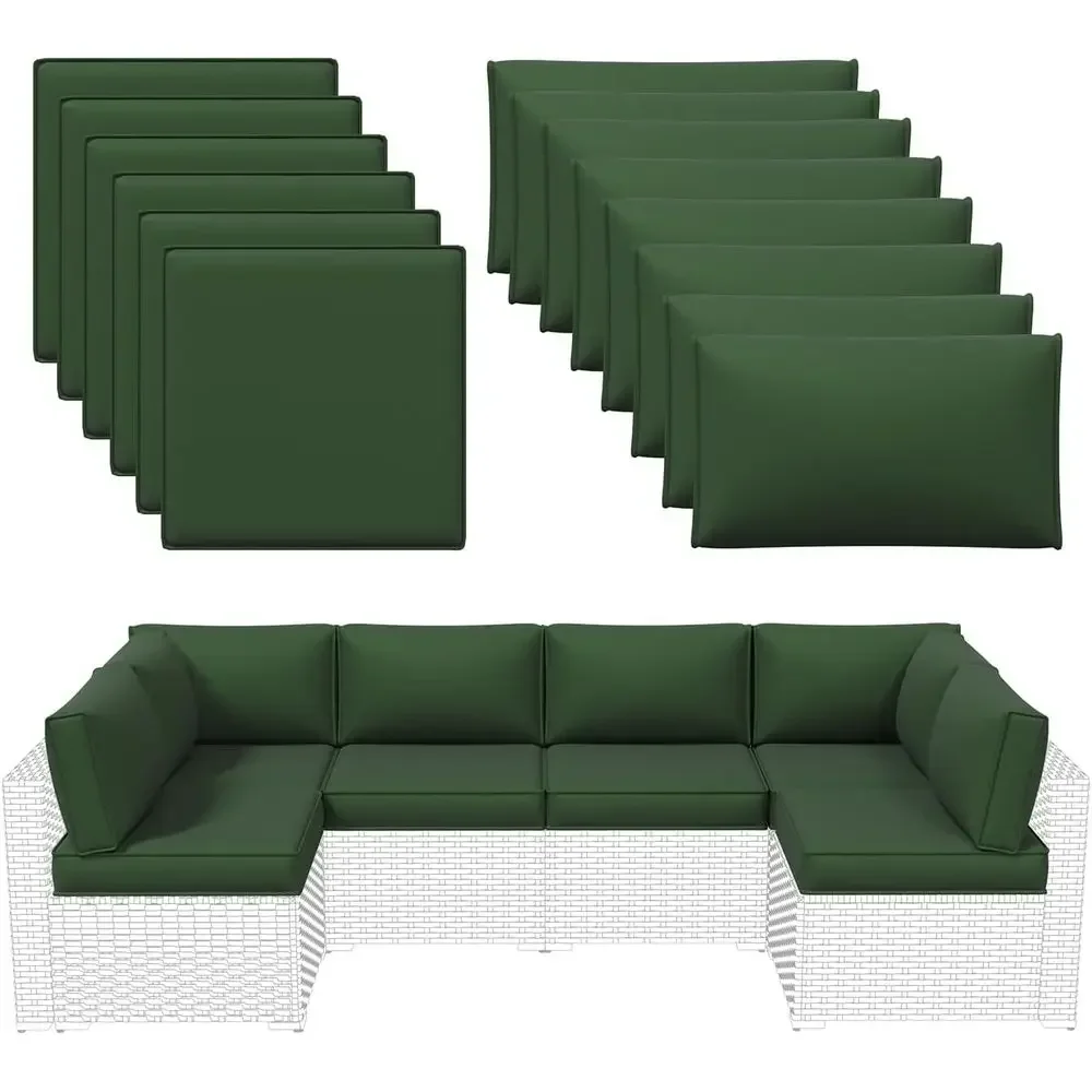 Waterproof Outdoor Cushion Set for 6-Seat Rattan Wicker Sectional Patio Furniture, Green | Breathable Fabric, Non-slip, Removabl