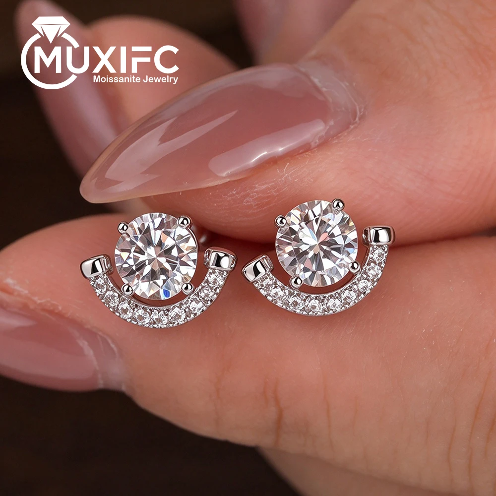 Moissanite Stud Earrings Round Cut 1Ct - Anting Tusuk Berbentuk Senyum dengan Batu