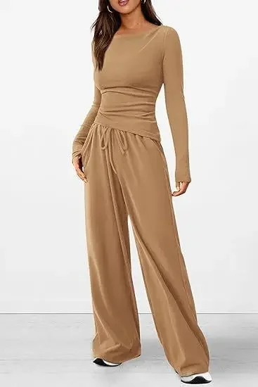 Solid Color Casual Two-piece，asymmetrical Crew Neck Slim-fit Long Sleeve T-shirt, Drawstring Wide Leg Pants,women Spring/autumn