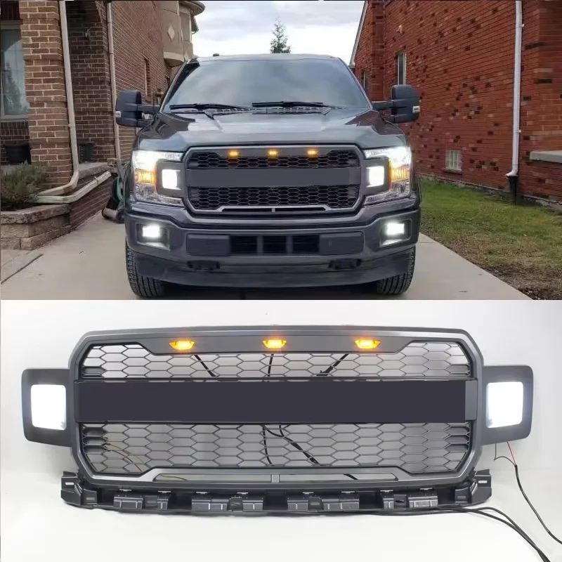 Raptor Style For Ford F150 2018 2019 2020 Car Racing Grills Front Mask Bumper Cover Upper Mesh Grille With LED Light Guard Grid