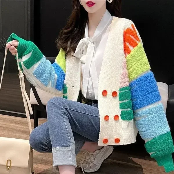 Rainbow Striped Knit Sweater Cardigan Women Double-breasted V-neck Jacket Coat Autumn Winter Long Sleeve Loose Stylish Tops 2023