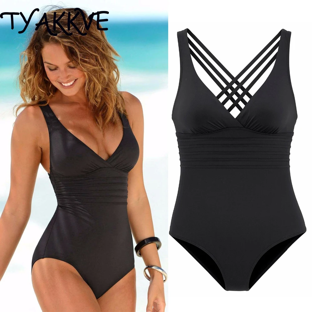 

TYAKKVE 2024 Sexy One Piece Women Swimsuit Push Up Bikini V Neck Bodysuit Monokini Tummy Control Swimwear Plus Size Bathing Suit