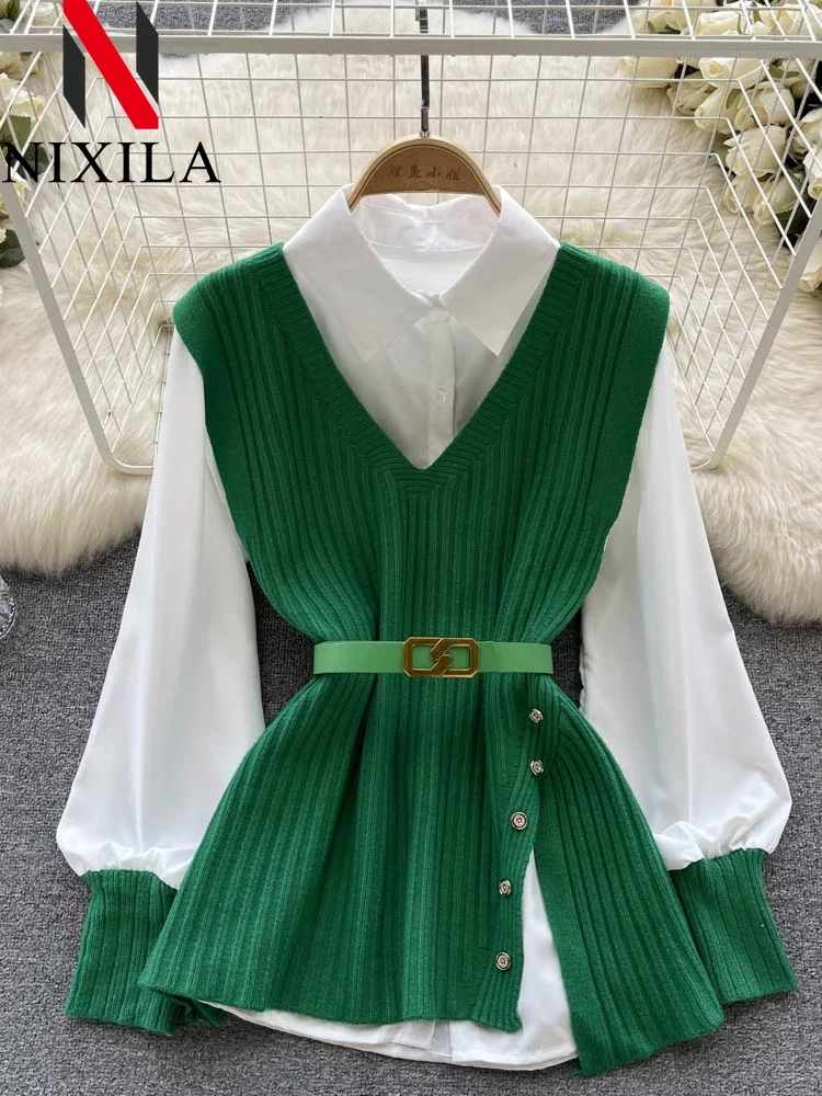 

Новая весенне-осенняя вязаная свободная рубашка с длинными рукавами, женский жилет с разрезом на поясе, корейский модный свитер, комплект из двух предметов для женщин, блузка