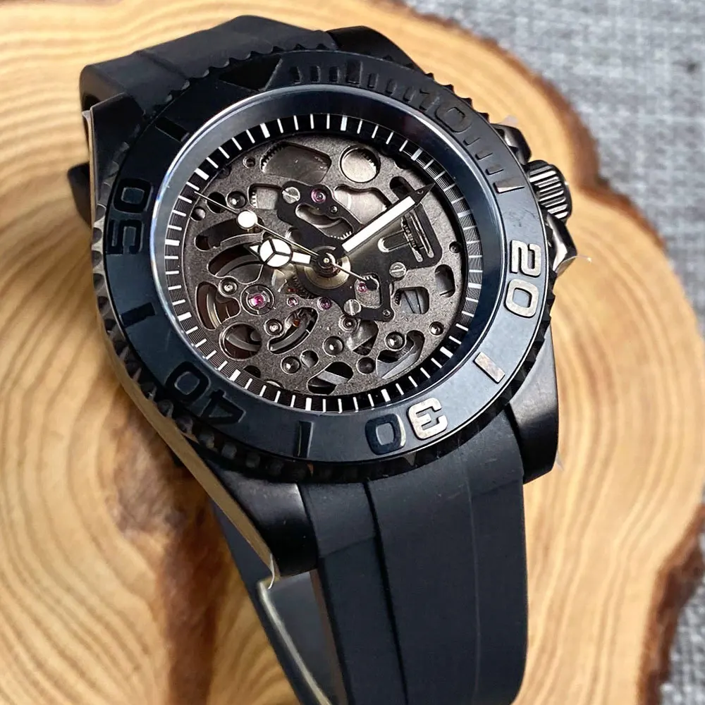 Tandorio Skeleton Dial 20ATM Black PVD Case 40MM Automatic NH72A Mechanical Men Watch Sapphire Glass Rubber Strap