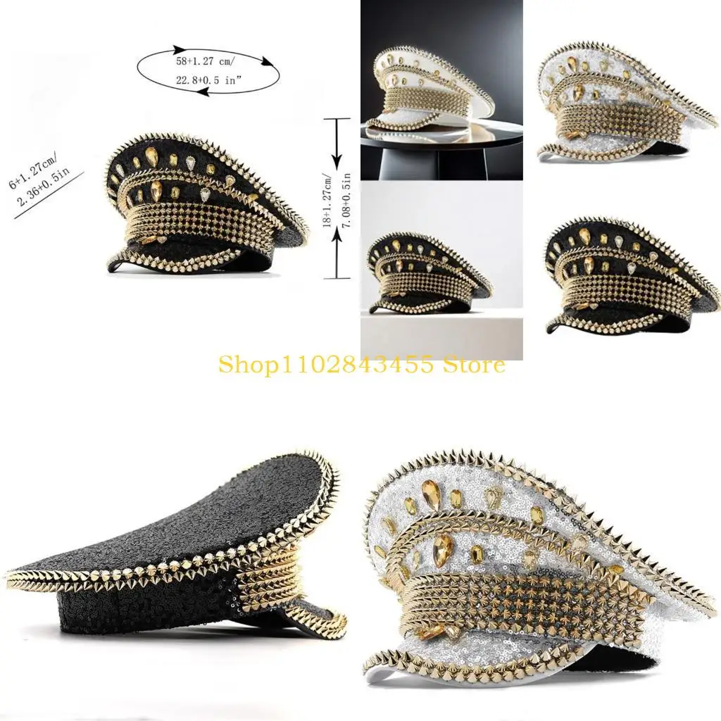 

49MC Sparkling Captain Hat Heavy Crystal Sequins Rivets Hat for Bachelorette Party Captain Hat Bride Hat for Actor Actress