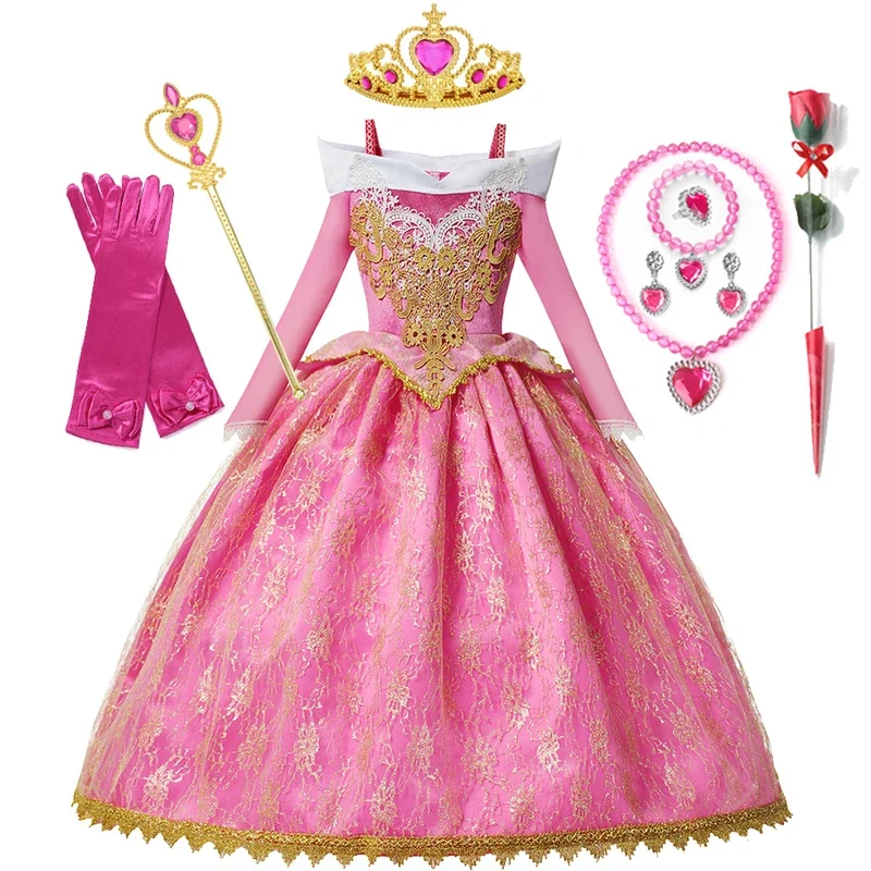 Disney Girls Princess Dress Sleeping Beauty Aurora Cosplay Costume Carnival Birthday Party Pink Dresses Kids Clothing Outfits