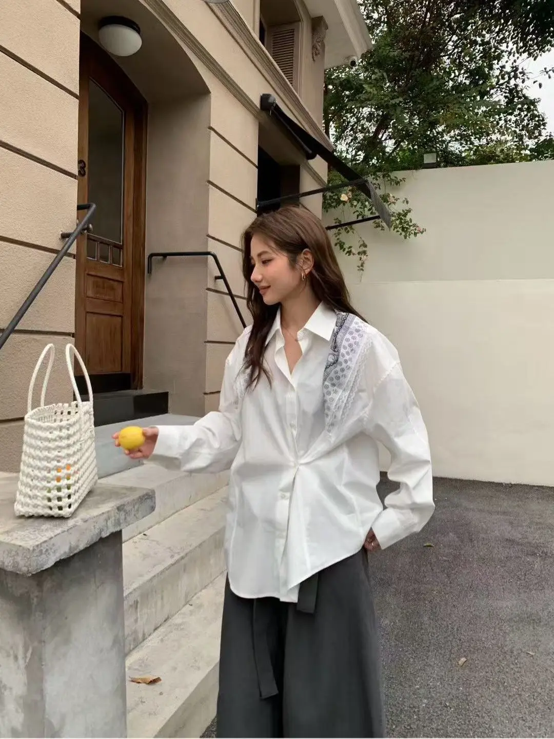 

Slim Fit Long Sve irt with Scarf Casual Korean Design Sense Small ence irt New Sle Waist Cut Women's Faion Set