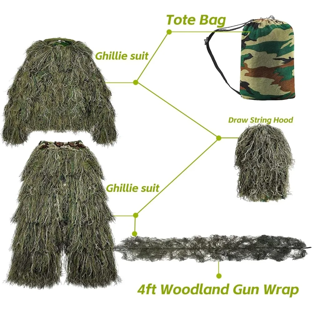 Ghillie Suit,3D Camouflage Hunting Apparel for Men,Jacket, Pants,Hood,Adult and Kids ghillie set,Halloween Costumes