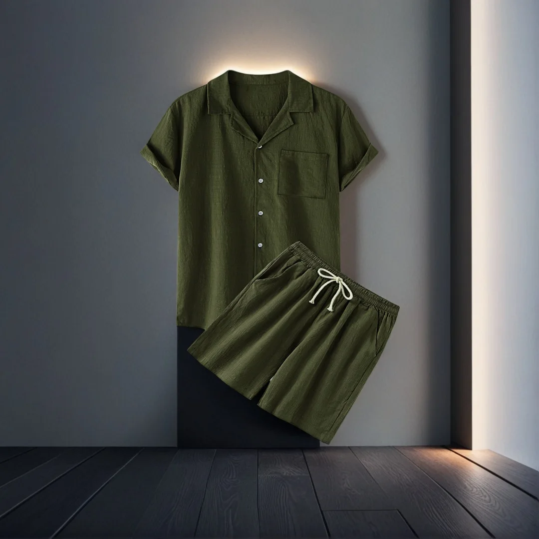 

Men's Cotton Color Hawaiian Fashion Turn-down Collar Short Sleeve Shirt Shorts Set Two-piece Set Casual Sports Suit