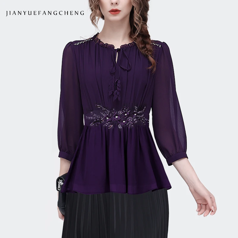 2024 Spring/Summer French Style Pleated Chiffon Shirt Top Women\'s Purple Beaded Cinched Waist 3/4 Sleeve Bottom Applique Blouses