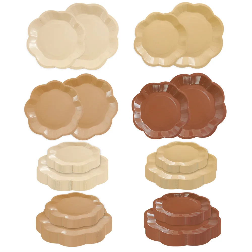 Assiettes en papier dégradé marron uni quatre couleurs pour décoration de fête d'anniversaire, baptême de bébé, décoration de lieu de réception, assiette de dîner