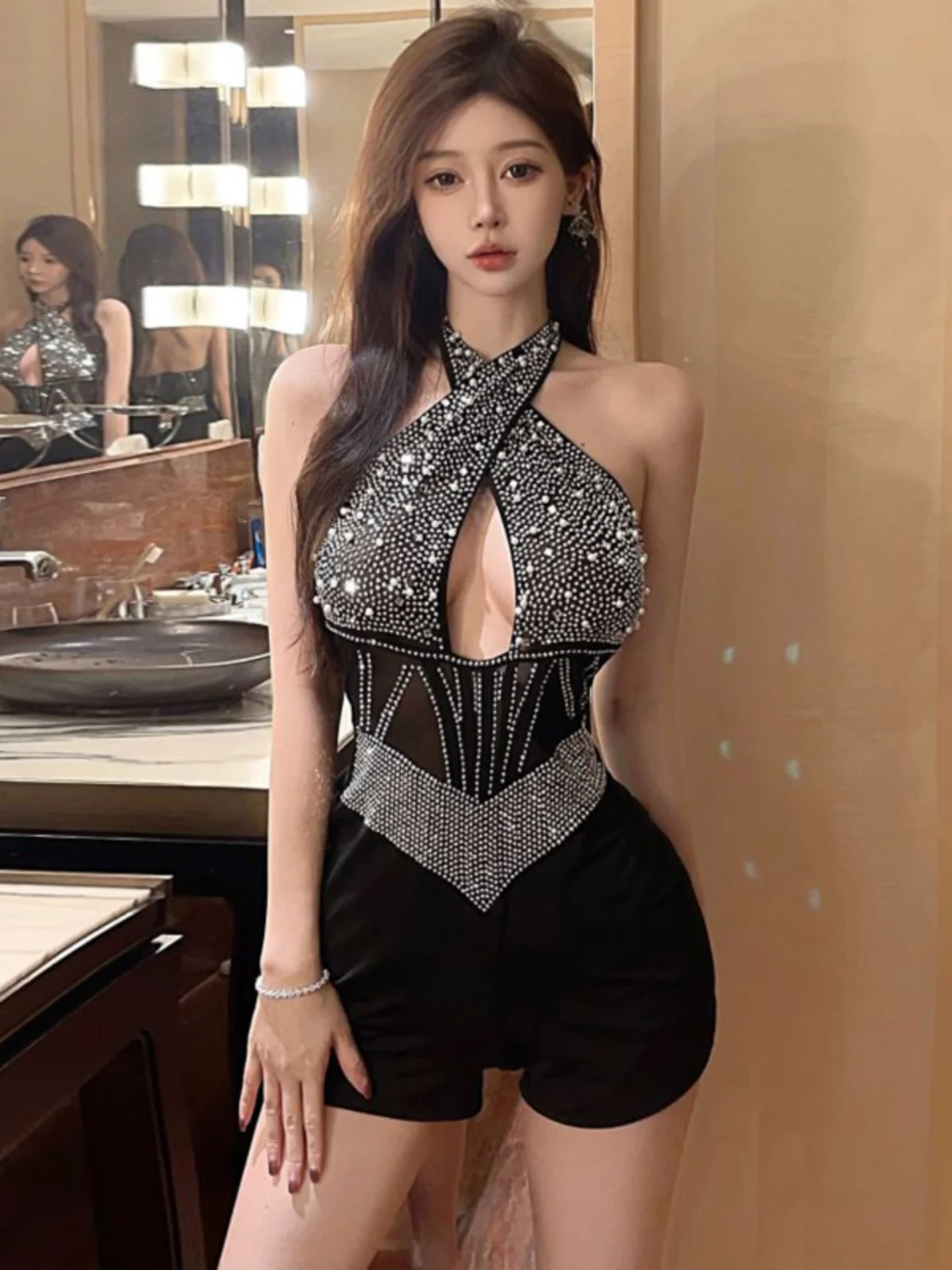 

Уличные цельные брюки с открытыми плечами Me Panel Design, облегающие женские цельные брюки Faion Ne Hanging Diamond Bal Svel