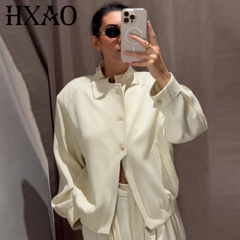 

HXAO Women's Demi-Season Jacket Button Oversized Outerwears New In Coats & Jackets Beige Long Sleeve Top Fashion Bomber Jackets