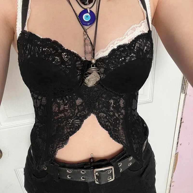 

Transparent Y2K Lace Bustiers Backless Clubwear Aesthetic 2000s Gothic Camis Summer Spaghetti Strap Grunge Tops