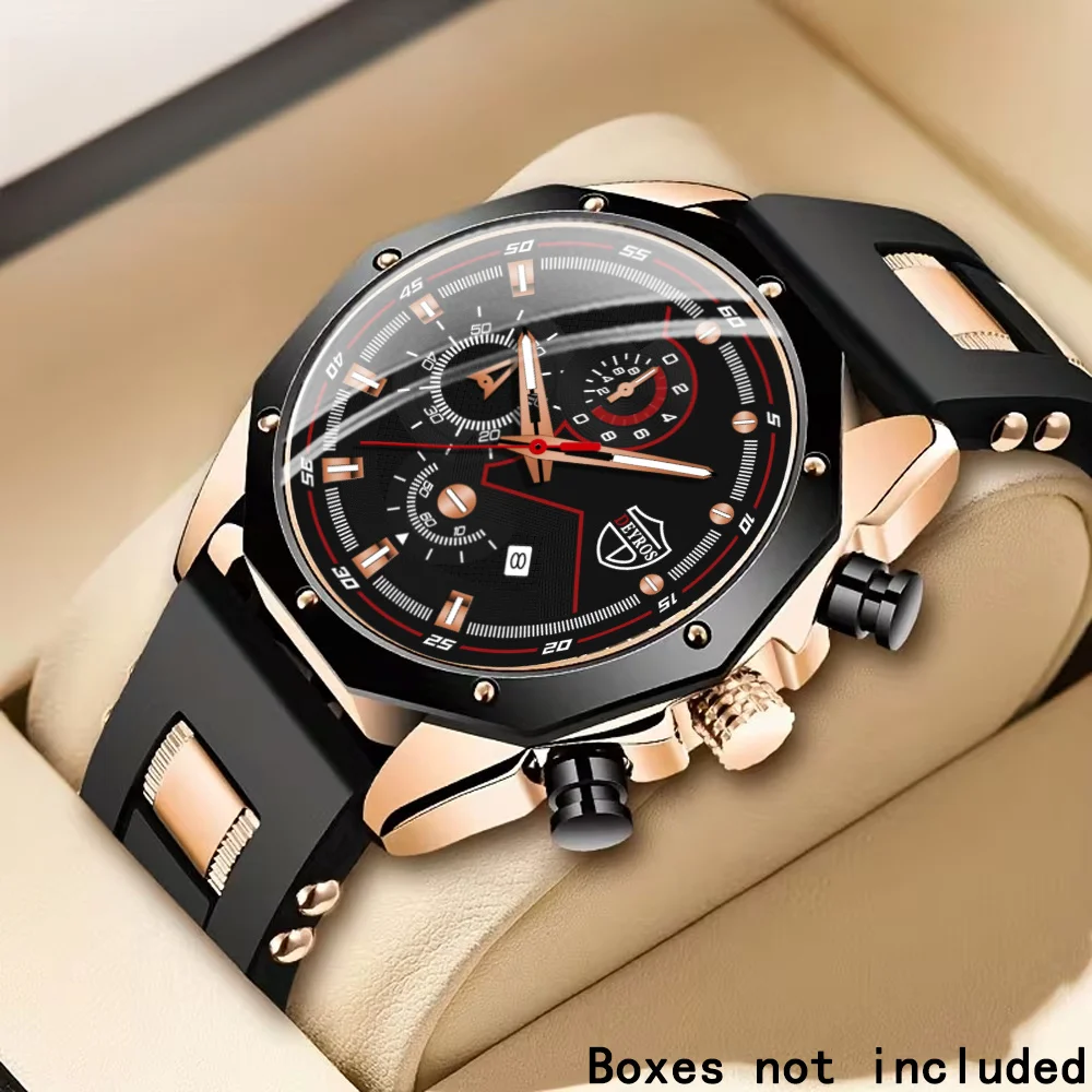 Luxury Men Sports Watch, Blue Rose Golden Silicone Band Men's Quartz Wristwatch, Casual Business Male Gift Watch