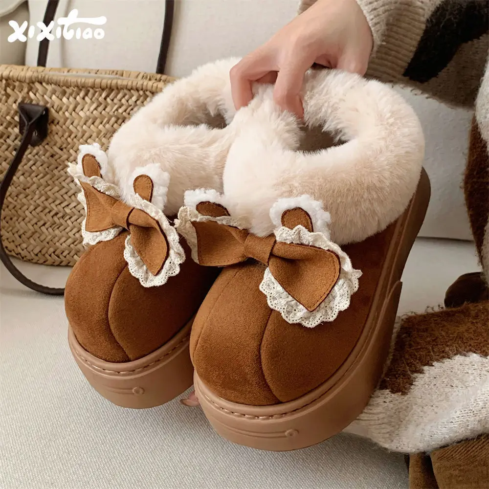 

Women Cotton Shoes Comfortable And Warm Plush Loop Mouth Snow Boots For Women Lace Bow Winter Outdoor Cotton Shoes