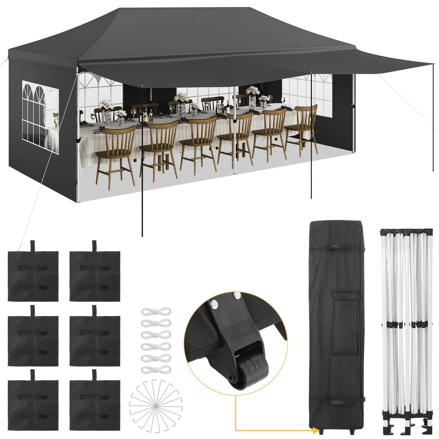 Heavy Duty 10x20 FT Folding Gazebo Canopy Tent - Waterproof Outdoor Event Shelter - Removable Sidewalls & Awning, UV Protection, Thickened Legs, Wheeled Bag, 6 Sandbags - Ideal for Parties, Patio, Backyard, Wedding