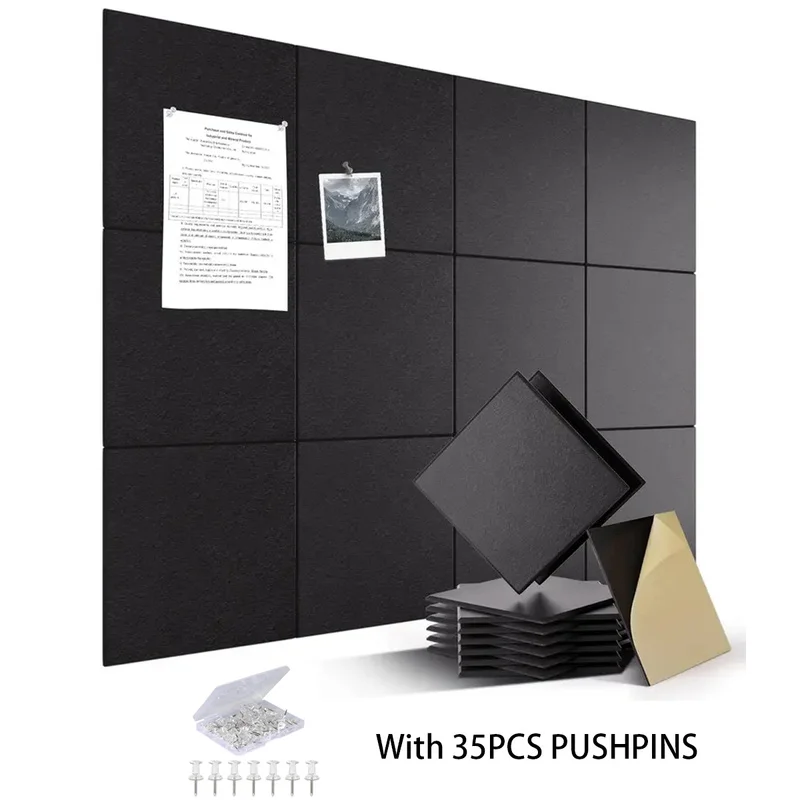 12PCS+35PCS Pushpins Home Office Large Black Felt Bulletin Cork Pin Note Board Wall Tiles Soundproof Acoustic Panels Decorative