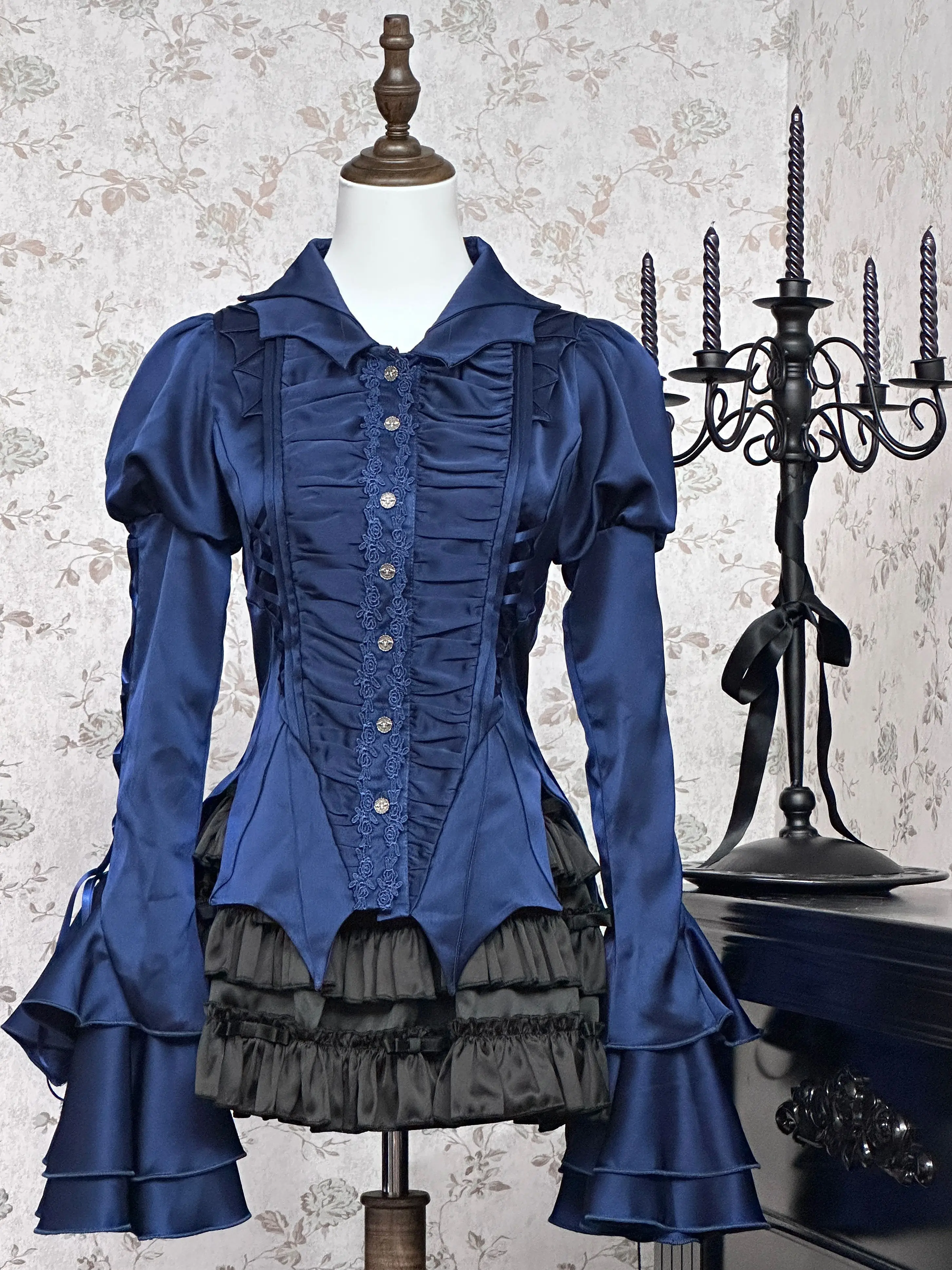 

~Endless Night~Gothic Lolita Shirt with Batwing Collar and Puffy Sleeves by Flower Messenger PRE ORDER / 4 months