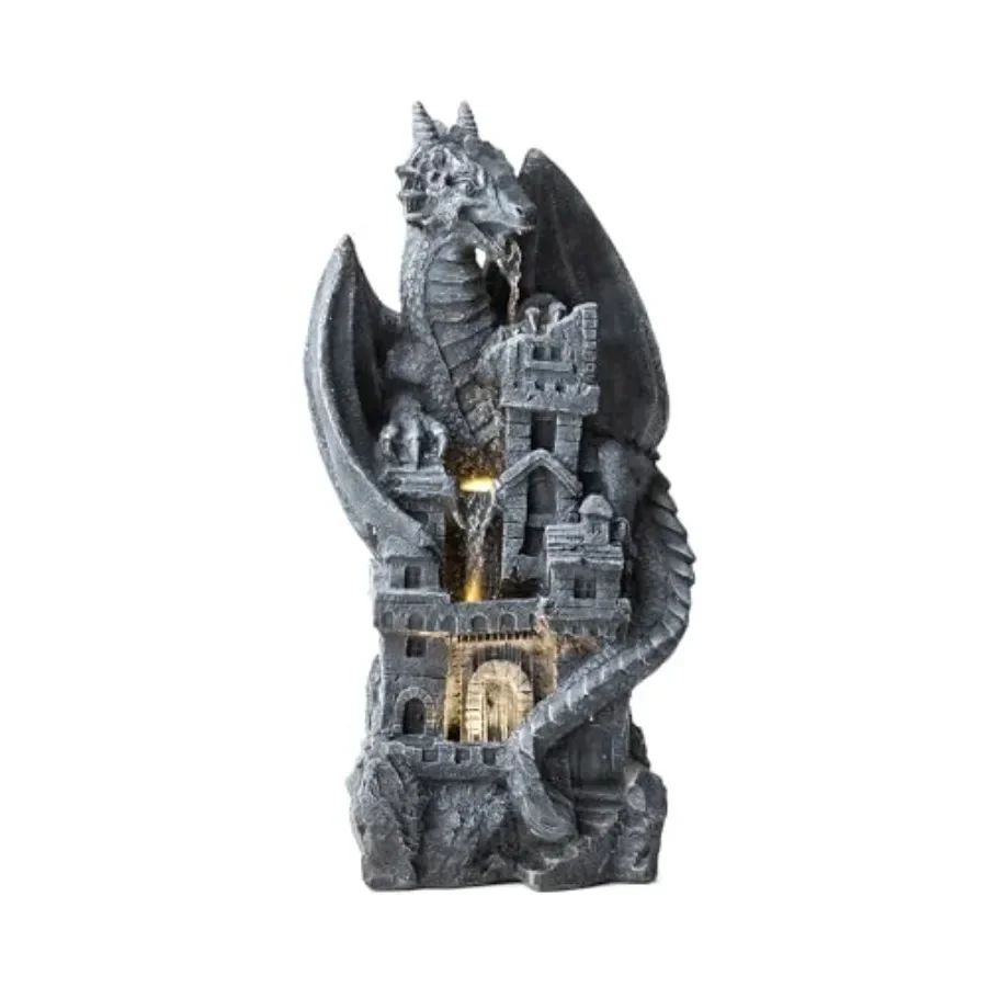Backyard patio decor: polyresin gothic dragon statue with 4-tier waterfall fountain, black finish, LED-lit dragon figurine