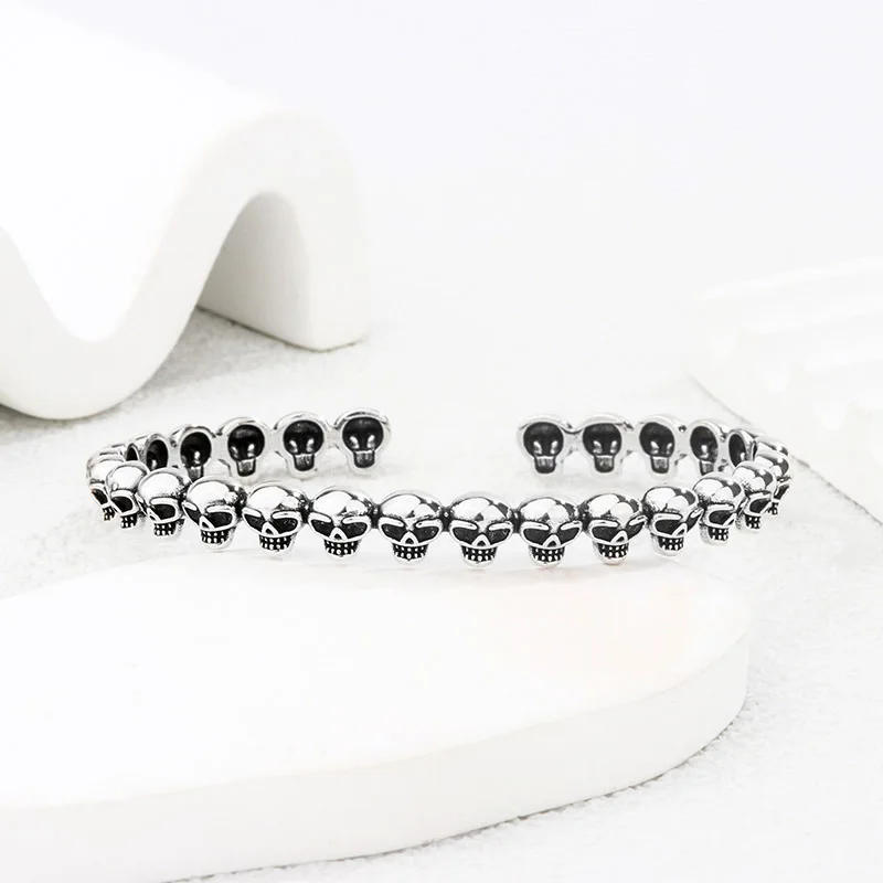 Exaggerated Skull Design Hip Hop Punk Retro Thai Silver Female Bangle Jewelry For Women Halloween Gift No Fade