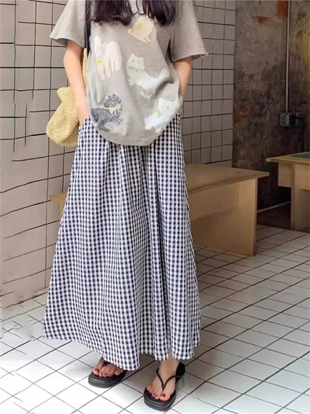 Black White Checkered A-Line Skirt Women Summer Lightweight High Waisted Plaid Long Skirt For Petite Slimming Casual Simple New
