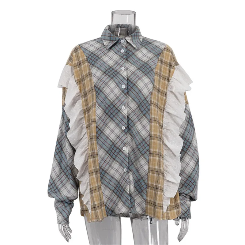 Gaono Vintage Ruffles Plaid Shirt Women Autumn Winter Oversized Lapel Long Sleeve Loose Fit Blouse Lady Patchwork Ruffle Top