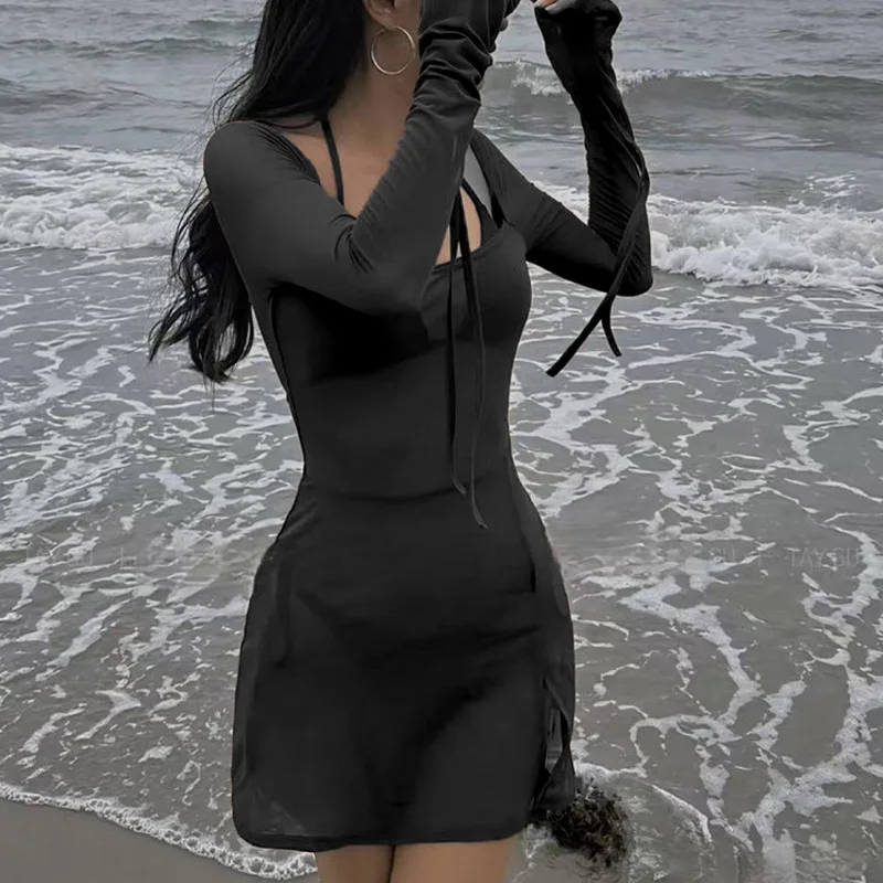 فستان قصير برقبة مربعة بلون سادة للنساء ملابس Y2k، فستان سهرة مثير من الشاش، فستان نسائي شفاف بأكمام طويلة #1