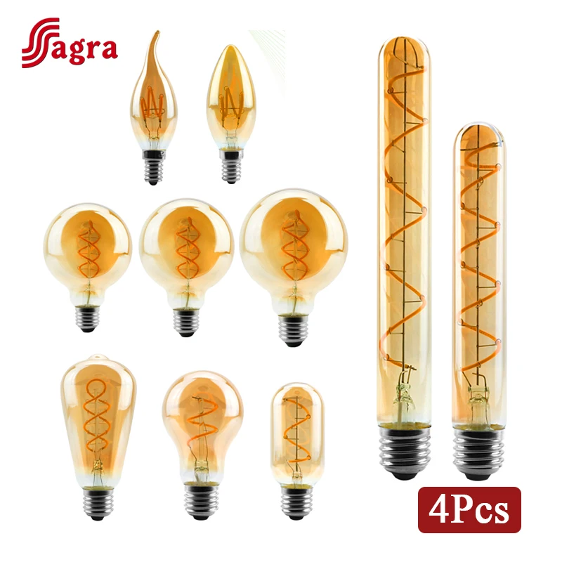 Ampoule LED vintage à filament spiralé, lampe Edison, E14, AC 220V, C35, A60, T45, ST64, T185, T225, G80, G95, G125, 4W, 4 pièces/lot