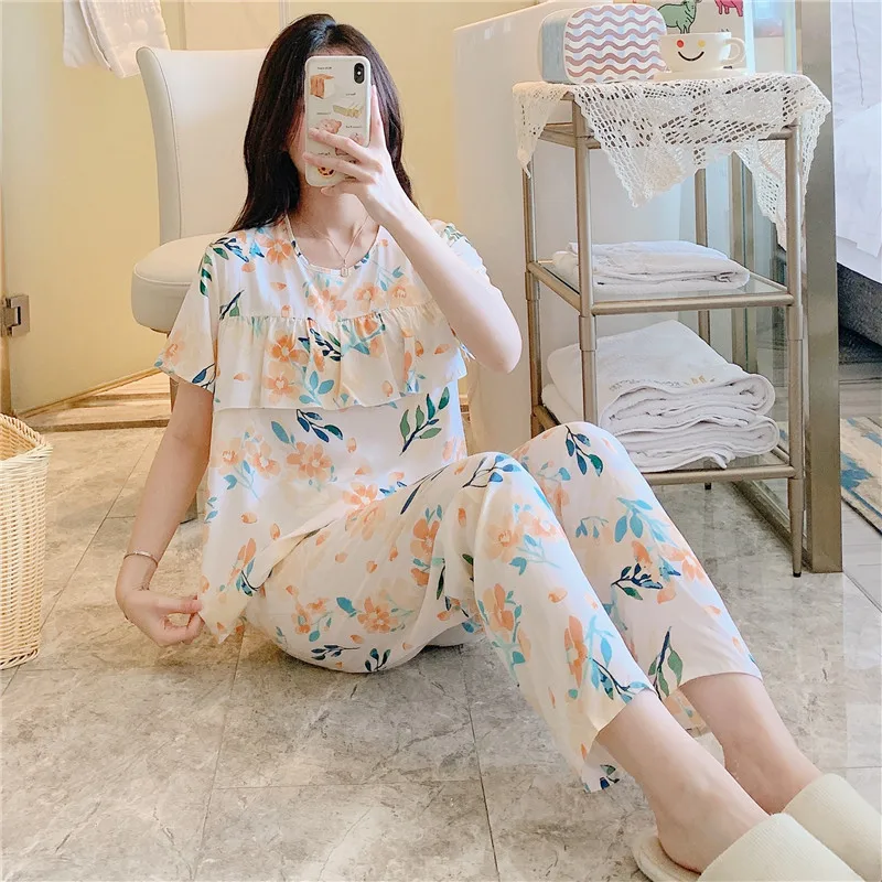 

Short Sleeve Pants Floral Print Woman Satin Pajama Sets Ensembles 2 Piece Two-Piece Lady Outfit Lounge Women Pijama Pajama Pj