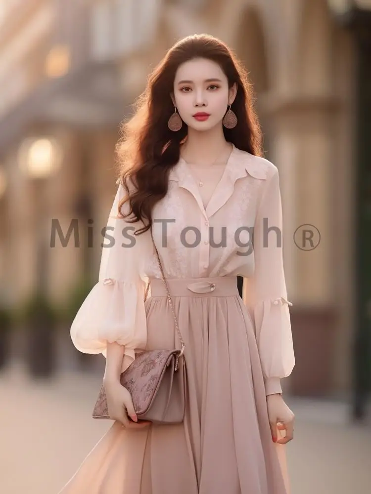 Winter Fairy Elegant Two Piece Set Women Pink Solid Party Midi Skirt Suit Female Casual Korean Fashion French Vintage Set 2023