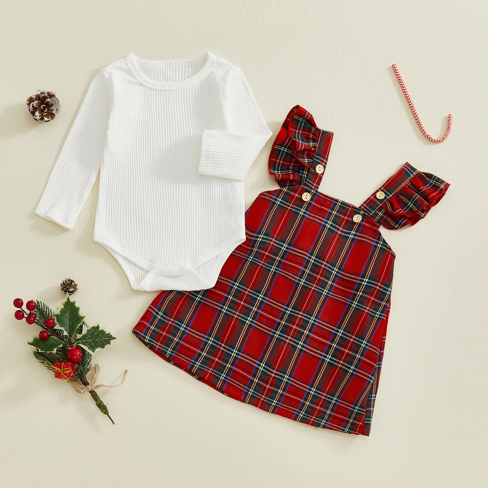 Baby Girl Christmas Outfit Solid Ribbed Long Sleeve Romper and Plaid Flying Sleeve Overall Dress 2 Piece Set